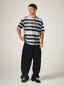 SUMWON Club Script Chest Print Tie-Dye Stripe Oversized Crew Neck Short Sleeve T-Shirt Summer Festival Casual Tee - Multicolor - View 3