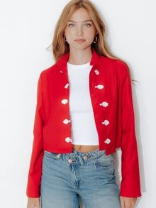 Pimkie Edition Jaket Kasual Wanita Lengan Panjang dengan Desain Kancing Katak - Merah - View 6