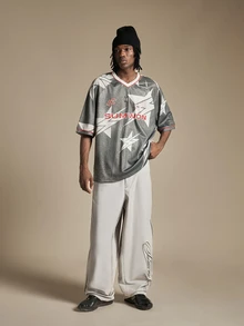 SUMWON Wide Leg Track Pants With Contrast Piping And Cursive Script Leg Print Relaxed Fit Full Length Trousers - Light Grey - View 2