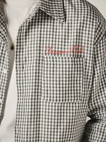 SUMWON Gingham Check Cropped Shirt With Cursive Embroidery Chest Detail Long Sleeve Spread Collar Button-Down Overshirt - Grey - View 5