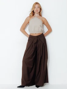 Pimkie Edition Women's Solid Color Eyelet Design Cropped Halter Top - Apricot - View 4