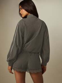 MISSGUIDED Lace Trim Mini Shorts With Contrast Piping Detail Elastic Drawstring Waist Scalloped Hem Summer Holiday Casual Lounge - Dark Grey - View 5