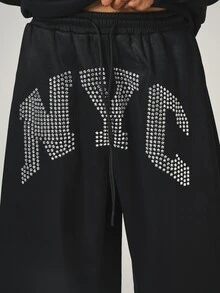 SUMWON NYC Rhinestone Star Studded Wide Leg Sweatpants With Elastic Waist And Patch Pocket Fall Winter Street Style - Black - View 5