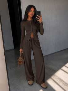 MISSGUIDED Ribbed Button-Down Long Sleeve Cardigan Top And Wide Leg Drawstring Palazzo Trousers Co-Ord Lounge Set - Chocolate Brown - View 1