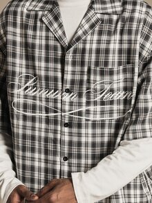 SUMWON Oversized Plaid Short Sleeve Button-Up Camp Collar Shirt With Cursive Script Front Graphic And Varsity Back Print - Black - View 5