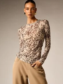 AiiRZ Leopard Print Fitted Long Sleeve Crew Neck Top Slim Fit Stretch Knit Animal Print AOP Ruched Back Party Night Out Fall Winter - Black - View 4