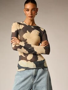 AiiRZ Floral Print Mesh Long Sleeve Fitted Crew Neck Top Sheer Overlay Stretch Fabric Spring Summer Night Out Style - Black - View 5