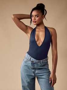 MISSGUIDED Deep V-Neck Halter Neck Bodysuit With Open Back And Sleeveless Design For Party Nights And Summer Occasions - Navy Blue - View 5