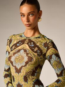 AiiRZ Retro Floral Baroque Print Mesh Long Sleeve Crew Neck Fitted Top Vintage Boho Festival Style Sheer Layer - Brown - View 5