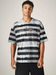 SUMWON Club Script Chest Print Tie-Dye Stripe Oversized Crew Neck Short Sleeve T-Shirt Summer Festival Casual Tee - Multicolor - View 1