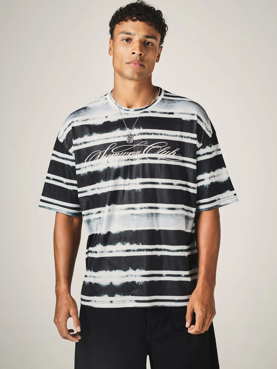 SUMWON Club Script Chest Print Tie-Dye Stripe Oversized Crew Neck Short Sleeve T-Shirt Summer Festival Casual Tee - Multicolor - View 1