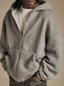 SUMWON Oversized Full-Zip Sherpa Hoodie With Old English Back Embroidery Side Pockets Fluffy Fleece Winter Jacket - Grey - View 5