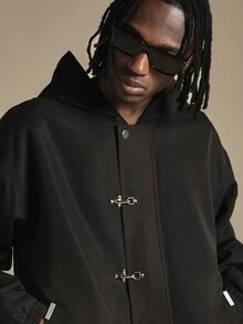 SUMWON Oversized Black Hooded Bomber Jacket With Metal Clasp Closures Elastic Cuffs And Waistband Fall Winter Outerwear - Black - View 4