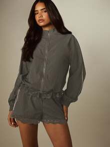MISSGUIDED Lace Trim Mini Shorts With Contrast Piping Detail Elastic Drawstring Waist Scalloped Hem Summer Holiday Casual Lounge - Dark Grey - View 4