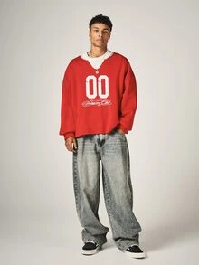 SUMWON Oversized Cropped V-Neck Sweatshirt With Varsity Number 00 Print And Script Logo Pullover Casual Street Style Long Sleeve Top - Red - View 3