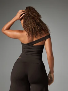 BABYPHAT One Shoulder Cutout Crop Top With Asymmetric Strap Detail And Logo Accent Summer Night Out Party Style - Chocolate Brown - View 5
