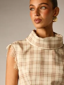 AiiRZ Plaid Turtleneck Cap Sleeve Blouse With Lace Trim Hem Slim Fit Elegant Top For Fall Winter Occasions - Multicolor - View 4