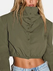 KIZN Boxy Fit Cropped Button-Down Shirt With High Neck Structured Shoulders Flare Cuffs And Elastic Hem Fall Winter Top - Khaki - View 4