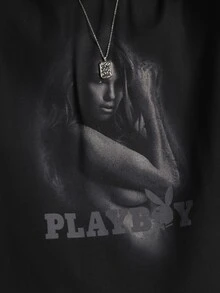 PLAYBOY X SUMWON Bunny Photographic Graphic Print Crew Neck Boxy Crop Short Sleeve T-Shirt With Logo Text Summer Festival Tee - Black - View 5