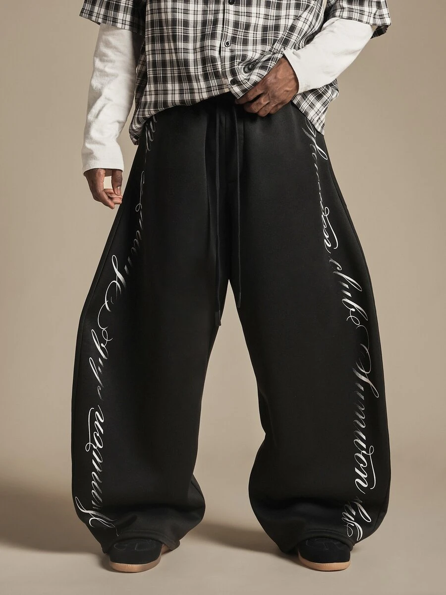 SUMWON Wide Leg Sweatpants With Cursive Script Leg Print Drawstring Waist Baggy Fit Streetwear Style Fall Winter Casual Trousers - Black - View 1