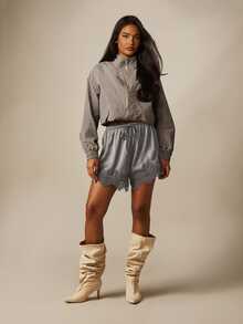 MISSGUIDED Satin Lace Trim Shorts With Elastic Drawstring Waist Scalloped Hem Luxe Silky Mini Shorts Spring Summer Holiday - Grey - View 4