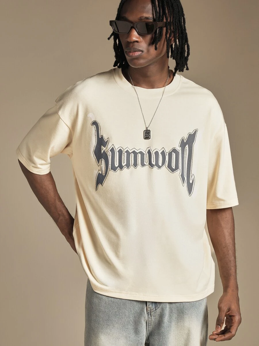 SUMWON Gothic Script Logo Print Crew Neck Short Sleeve Oversized Drop Shoulder T-Shirt Summer Streetwear Casual Essential - Apricot - View 1