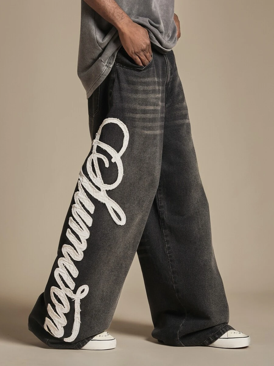 SUMWON Oversized Wide Leg Jeans With Cursive Script Applique Leg Print Washed Denim Baggy Fit Full Length Pants - Blue - View 1