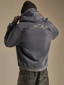 SUMWON Oversized Washed Hoodie With Gothic Back Graphic Print And Old English Logo Embroidery Pullover Sweatshirt - Dark Grey - View 1