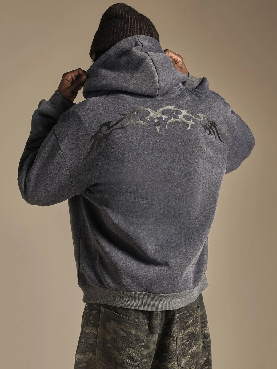 SUMWON Oversized Washed Hoodie With Gothic Back Graphic Print And Old English Logo Embroidery Pullover Sweatshirt - Dark Grey - View 1
