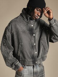 SUMWON Studded Denim Bomber Jacket Oversized Fit With Ribbed Hem Vintage Wash Metal Stud Embellishments Long Sleeve Casual Outerwear - Grey - View 1