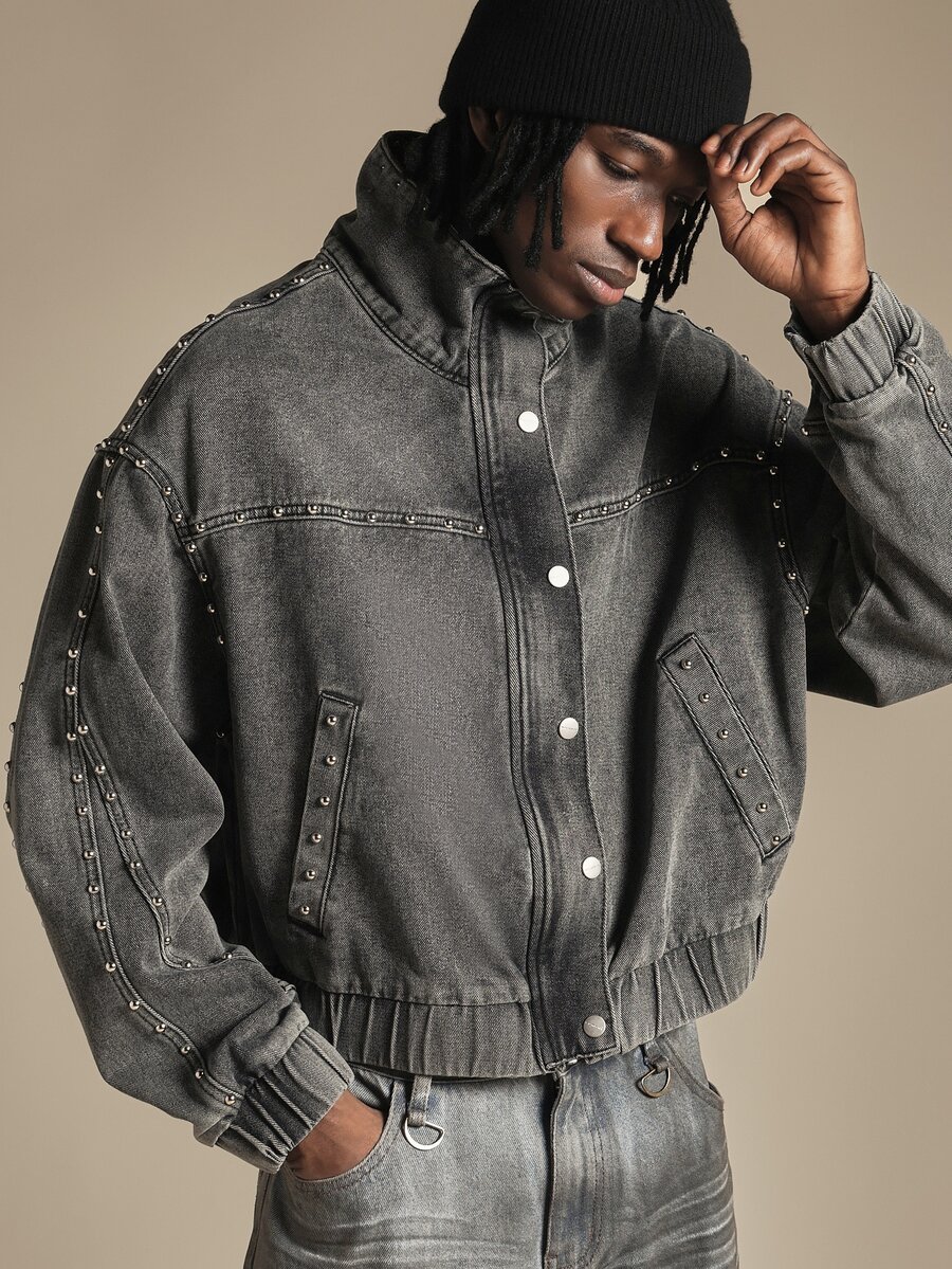 SUMWON Studded Denim Bomber Jacket Oversized Fit With Ribbed Hem Vintage Wash Metal Stud Embellishments Long Sleeve Casual Outerwear - Grey - View 1