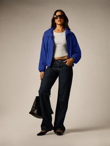 AiiRZ Cropped Windbreaker Jacket With Mock Neck Zip Front Elastic Cuffs Oversized Fit Fall Autumn Layering Outerwear - Blue - View 4