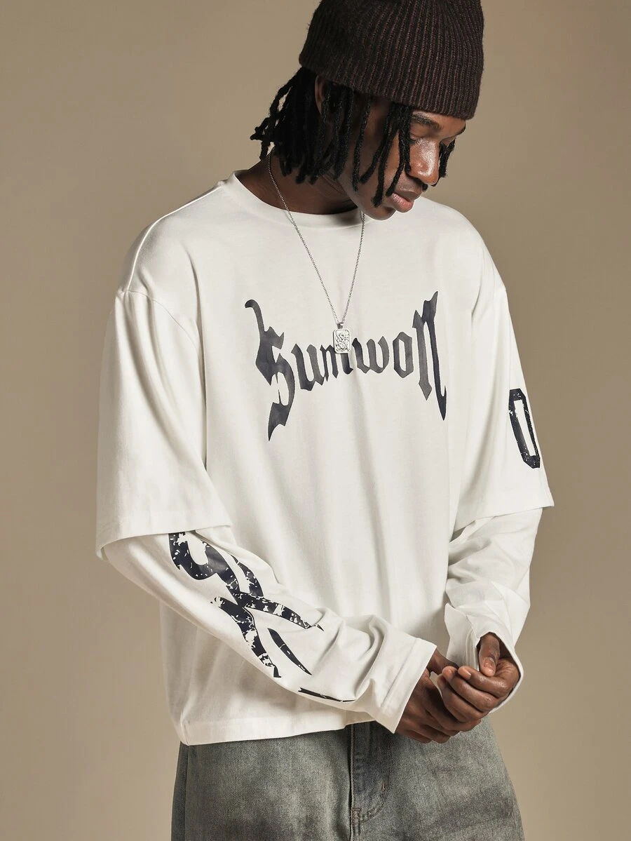 SUMWON Gothic Blackletter Logo Long Sleeve Layered Tee Crew Neck Boxy Fit With Sleeve Number Print Street Style Top - White - View 1