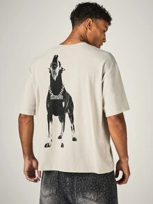 SUMWON Oversized Crew Neck Short Sleeve T-Shirt With Gothic Logo Embroidery And Doberman Back Graphic Print Summer Streetwear Tee - Khaki - View 1