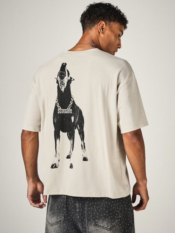 SUMWON Oversized Crew Neck Short Sleeve T-Shirt With Gothic Logo Embroidery And Doberman Back Graphic Print Summer Streetwear Tee