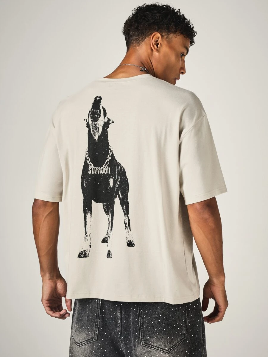 SUMWON Oversized Crew Neck Short Sleeve T-Shirt With Gothic Logo Embroidery And Doberman Back Graphic Print Summer Streetwear Tee - Khaki - View 1