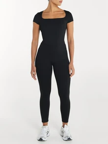 11SKNDS Square Neck Cap Sleeve Crop Top Fitted Slim Stretch Knit Tee Summer Everyday Essential Wardrobe Staple With Sweat-Wicking, Breathable, Quick-Dry & Buttery-Soft, For Gym Workout Fitness Yoga Pilates Studio, Running, Training & Hy-Rox - Black - View 3
