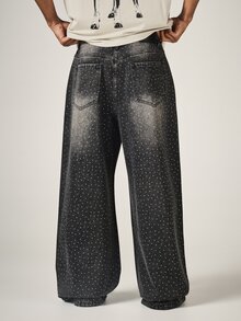 SUMWON Wide Leg Baggy Rhinestone Embellished Dark Wash Denim Jeans With All Over Crystal Studs Vintage Style Fall Winter Statement Pants - Black - View 2