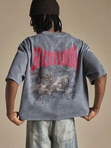SUMWON Acid Washed Boxy Crop Graphic Tee Short Sleeve Crew Neck Skeleton Horseman Back Print Street Style T-Shirt - Grey - View 1