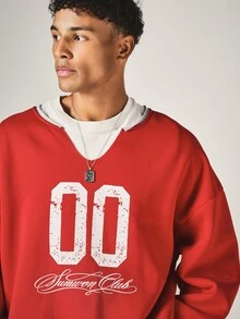 SUMWON Oversized Cropped V-Neck Sweatshirt With Varsity Number 00 Print And Script Logo Pullover Casual Street Style Long Sleeve Top - Red - View 4