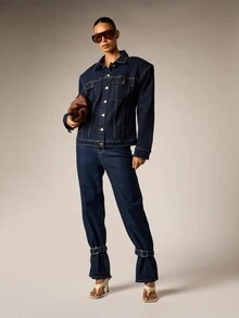 AiiRZ Classic Dark Wash Trucker Denim Jacket With Chest Patch Pockets Button Closure Contrast Stitching Hip Length Fall Winter Outerwear - Blue - View 4