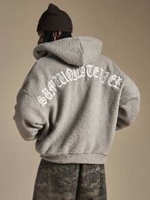 SUMWON Oversized Full-Zip Sherpa Hoodie With Old English Back Embroidery Side Pockets Fluffy Fleece Winter Jacket - Grey - View 1