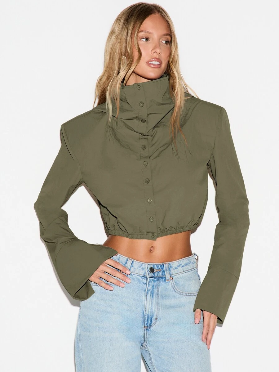 KIZN Boxy Fit Cropped Button-Down Shirt With High Neck Structured Shoulders Flare Cuffs And Elastic Hem Fall Winter Top - Khaki - View 1