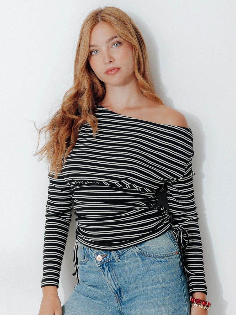 Pimkie Edition Autumn Casual Striped Asymmetric Collar Side Drawstring Top - Multicolor - View 1