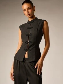 AiiRZ Sleeveless Mandarin Collar Linen Feel Vest Top With Ornate Chinese Frog Button Closures Fitted Silhouette Summer Festival Style - Black - View 1