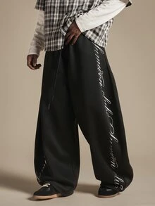 SUMWON Wide Leg Sweatpants With Cursive Script Leg Print Drawstring Waist Baggy Fit Streetwear Style Fall Winter Casual Trousers - Black - View 3