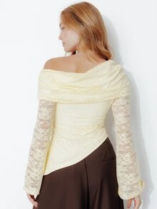 Pimkie Edition Women's One-Shoulder Pleated Asymmetrical Hem Lace Top - Yellow - View 2
