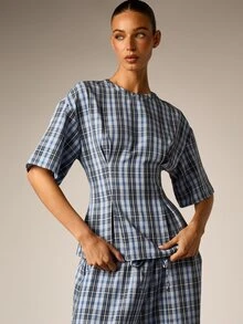 AiiRZ Plaid Check Short Sleeve Blouse With Ruched Waist Detail Crew Neck Structured Peplum Hem Summer Casual Top - Multicolor - View 5