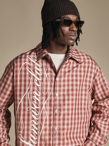 SUMWON Club Plaid Checked Oversized Long Sleeve Button-Up Shirt With Script Logo Print Front Fall Winter Casual Streetwear - Red - View 5