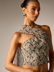 AiiRZ Paisley Print One-Shoulder Crop Top With Cut-Out Detail And Draped Scarf Overlay Summer Festival Style - Multicolor - View 3